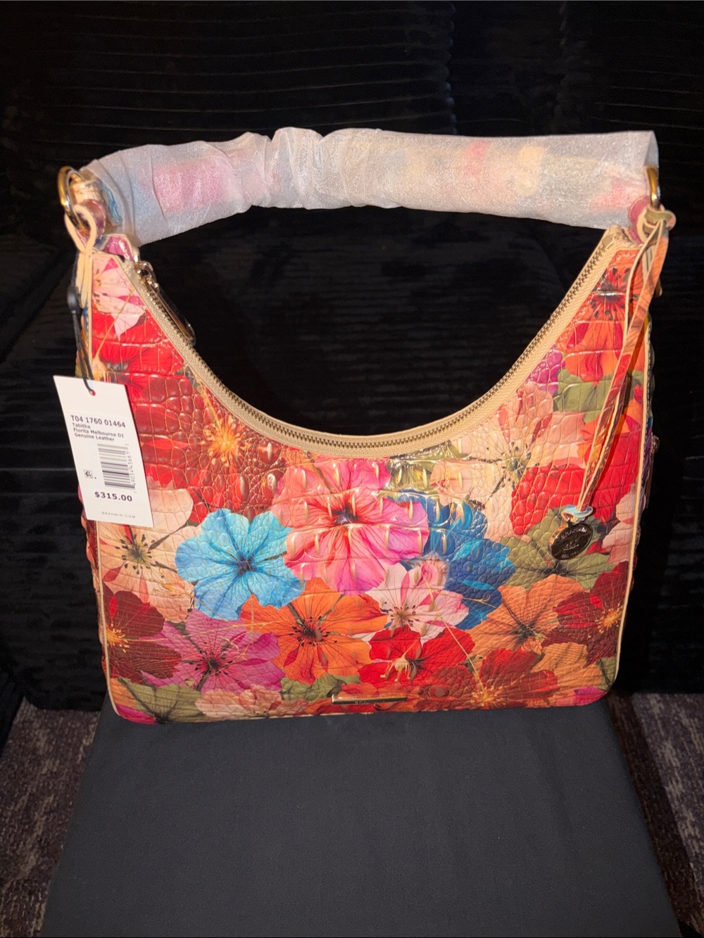 Brahmin Floral Embossed Leather Shoulder Bag - Red, Pink, Blue, Orange